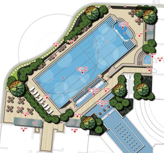 泳池平面图    设计理念四:公共部分显品位,幽静部分显趣味.